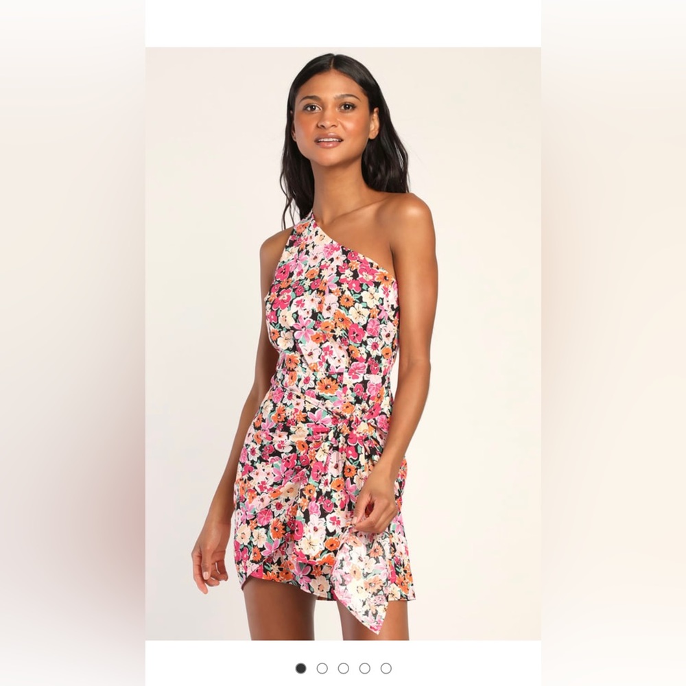 Gorgeous Garden Pink Floral One-Shoulder Faux-Wrap Mini Dress